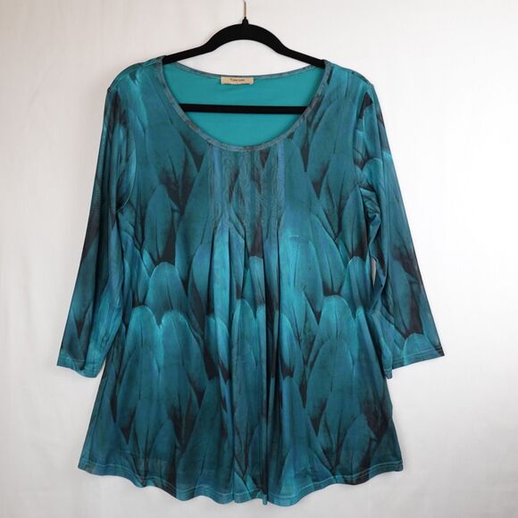 Timeson Tunic Blouse Womens Large Teal Turquoise Peacock Feathers Leaves Lined - Picture 1 of 15